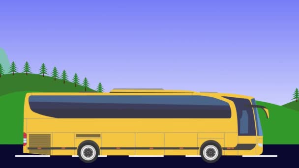 アニメーション フィールド 山の背景 シームレスなループを実行する漫画バス — ストック動画