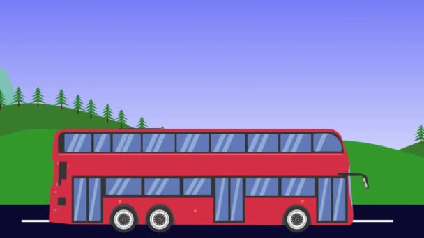 Cartoon Bus Draait Animatie Velden Bergen Achtergrond Naadloze Lus — Stockvideo