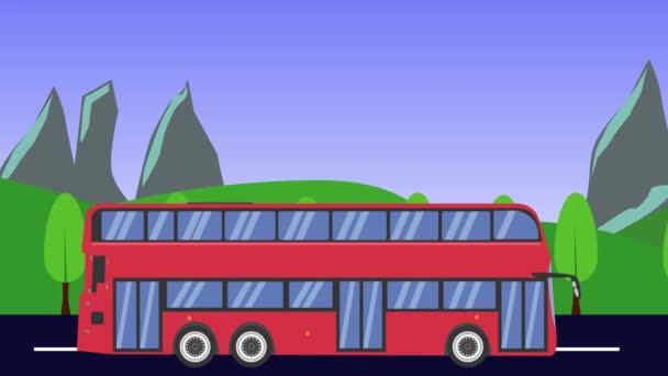 Cartoon Bus Running Animation Felder Und Berghintergrund Nahtlose Schleife — Stockvideo