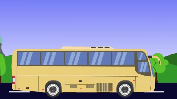 Cartoon Bus Uruchomiony Animacja Pola Tło Górskie Płynna Pętla — Wideo stockowe