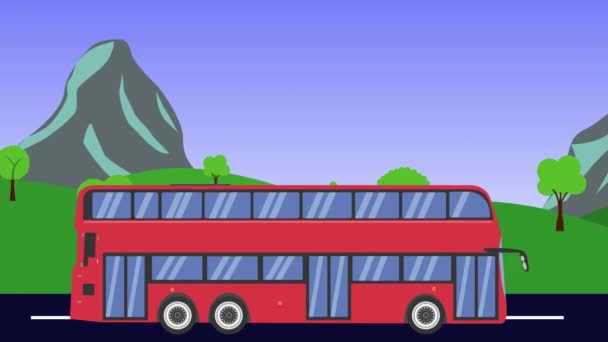 Cartoon Bus Running Animation Felder Und Berghintergrund Nahtlose Schleife — Stockvideo