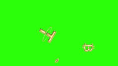 Yeşil ekran krom anahtar üzerinde metal doğal altın animasyon elementleriyle desenli kripto işaretleri.