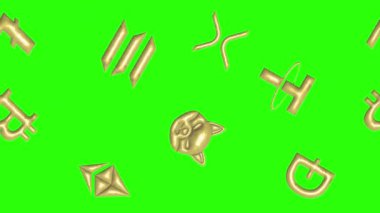 Yeşil ekran krom anahtar üzerinde metal doğal altın animasyon elementleriyle desenli kripto işaretleri.