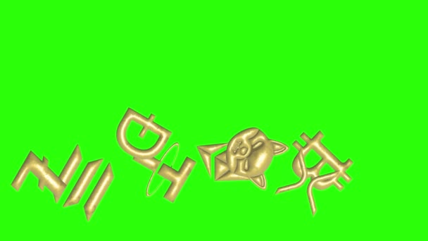 Znaki Kryptograficzne Teksturowane Metalowymi Naturalnymi Złotymi Elementami Animacji Zielonym Ekranie — Wideo stockowe