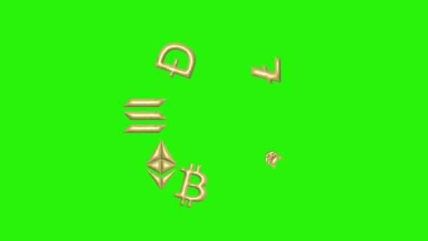 Криптографические Знаки Текстурированные Металлическими Элементами Анимации Натурального Золота Зеленом Экране — стоковое видео