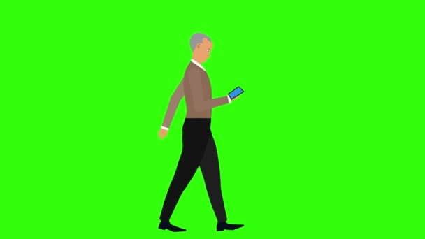 Man Walking Looking Phone Animation Chroma Key Seamless Loop — Stock Video