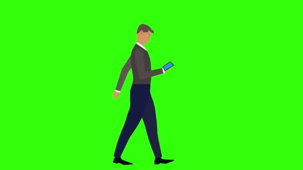 歩いている男性と電話アニメーション クロマキー シームレスなループ — ストック動画