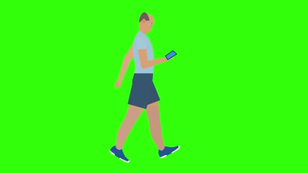 Hombre Caminando Mirando Animación Del Teléfono Croma Clave Bucle Sin — Vídeo de stock