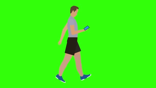 Homme Marchant Regardant Dans Animation Téléphone Clé Chromatique Boucle Transparente — Video