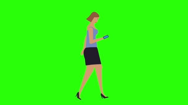 女性が歩いて電話アニメーション クロマキー シームレスなループを見る — ストック動画