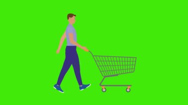 Yeşil ekran krom anahtarıyla yürüyen ve alışveriş arabasını iten adam, çizgi film düz animasyon.
