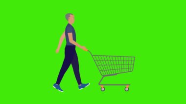 Yeşil ekran krom anahtarıyla yürüyen ve alışveriş arabasını iten adam, çizgi film düz animasyon.