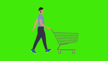 Yeşil ekran krom anahtarıyla yürüyen ve alışveriş arabasını iten adam, çizgi film düz animasyon.