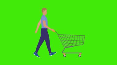 Yeşil ekran krom anahtarıyla yürüyen ve alışveriş arabasını iten adam, çizgi film düz animasyon.