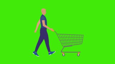 Yeşil ekran krom anahtarıyla yürüyen ve alışveriş arabasını iten adam, çizgi film düz animasyon.