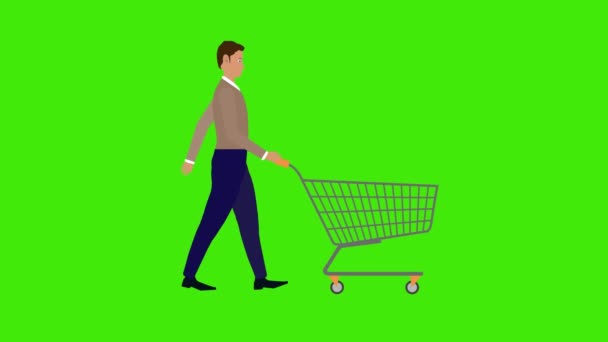 歩いたり ショッピングカートを押したり 緑色のクロマキーで 漫画のフラットアニメーション — ストック動画