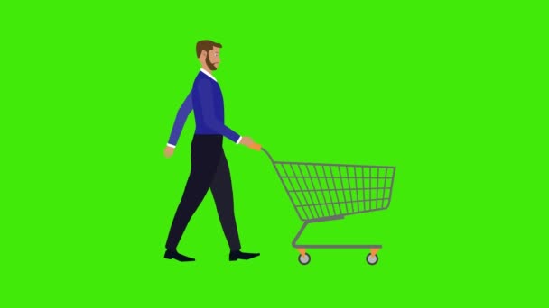 Homem Andando Empurrando Carrinho Compras Tecla Chroma Tela Verde Animação — Vídeo de Stock