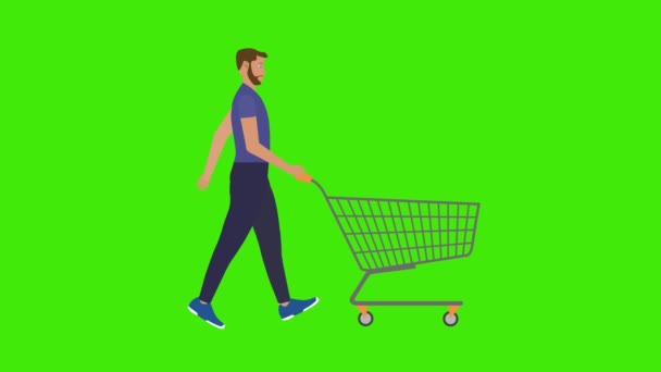 Omul Merge Împinge Coșul Cumpărături Ecranul Verde Cheie Croma Animație — Videoclip de stoc