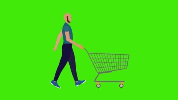 Man Walking Pushing Shopping Cart Green Screen Chroma Key Cartoon — Stock Video