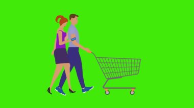 Yeşil ekran krom anahtarı üzerinde alışveriş arabasıyla yürüyen çift karakterlerinin çizgi film animasyonu, döngü
