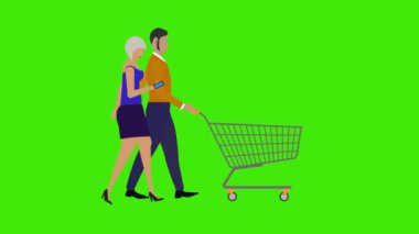 Yeşil ekran krom anahtarı üzerinde alışveriş arabasıyla yürüyen çift karakterlerinin çizgi film animasyonu, döngü