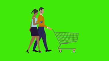 Yeşil ekran krom anahtarı üzerinde alışveriş arabasıyla yürüyen çift karakterlerinin çizgi film animasyonu, döngü