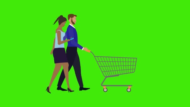 Rajzfilm Animáció Pár Karakter Séta Bevásárlókosár Zöld Képernyőn Chroma Kulcs — Stock videók