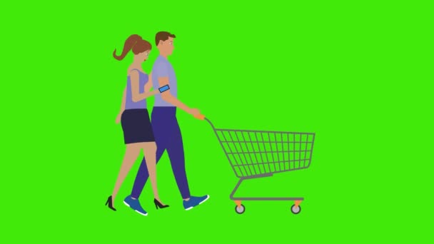 Yeşil Ekran Krom Anahtarı Üzerinde Alışveriş Arabasıyla Yürüyen Çift Karakterlerinin — Stok video