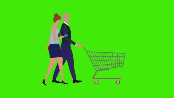Animação Desenhos Animados Personagens Casal Andando Com Carrinho Compras Tecla — Vídeo de Stock