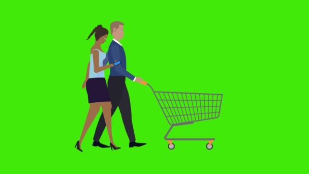 Animação Desenhos Animados Personagens Casal Andando Com Carrinho Compras Tecla — Vídeo de Stock
