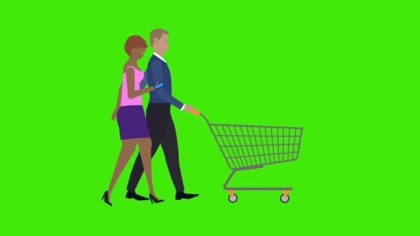 Cartoon Animation Couple Characters Walking Shopping Cart Green Screen Chroma — Stock Video