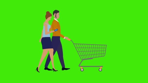 グリーンスクリーンクロマキーのショッピングカートで歩くカップルキャラクターの漫画アニメーション ループ — ストック動画