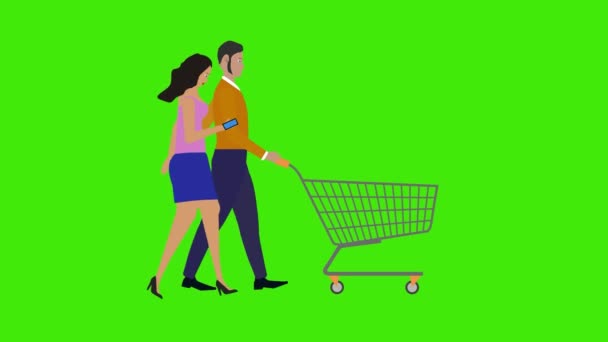 用绿色屏幕彩色键 循环与购物车一起行走的夫妇角色卡通动画 — 图库视频影像