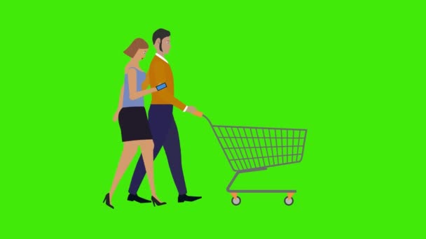 Cartoon Animation Von Paar Charaktere Fuß Mit Einkaufswagen Auf Grünem — Stockvideo