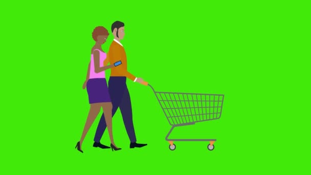 グリーンスクリーンクロマキーのショッピングカートで歩くカップルキャラクターの漫画アニメーション ループ — ストック動画