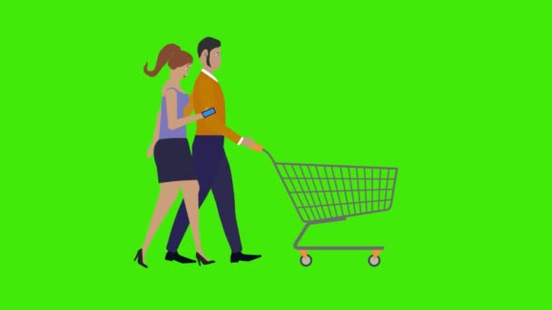 Yeşil Ekran Krom Anahtarı Üzerinde Alışveriş Arabasıyla Yürüyen Çift Karakterlerinin — Stok video