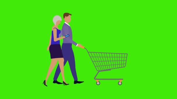Animație Desene Animate Personaje Cuplu Mergând Coșul Cumpărături Ecranul Verde — Videoclip de stoc
