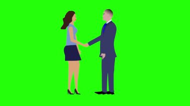 Erkek ve kadın karakter tokalaşıyor, çizgi film animasyonu yapıyor, yeşil ekran krom anahtarı üzerinde.