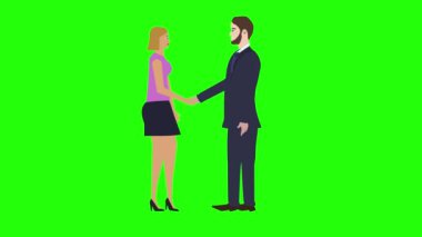Erkek ve kadın karakter tokalaşıyor, çizgi film animasyonu yapıyor, yeşil ekran krom anahtarı üzerinde.