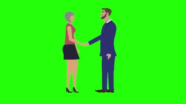Erkek ve kadın karakter tokalaşıyor, çizgi film animasyonu yapıyor, yeşil ekran krom anahtarı üzerinde.