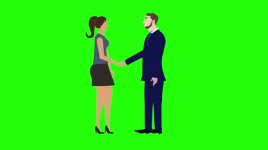 Erkek ve kadın karakter tokalaşıyor, çizgi film animasyonu yapıyor, yeşil ekran krom anahtarı üzerinde.