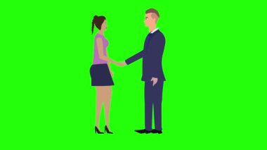 Erkek ve kadın karakter tokalaşıyor, çizgi film animasyonu yapıyor, yeşil ekran krom anahtarı üzerinde.