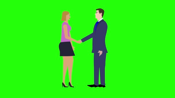 Mężczyzna Kobieta Postać Robi Uścisk Dłoni Animacja Kreskówka Zielony Ekran — Wideo stockowe