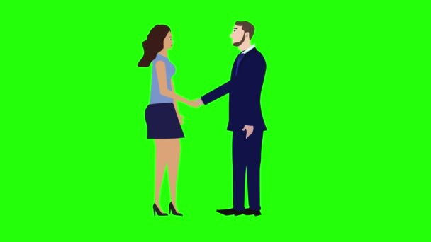 Άνθρωπος Και Γυναίκα Χαρακτήρα Κάνει Χειραψία Κινούμενα Σχέδια Animation Πράσινο — Αρχείο Βίντεο