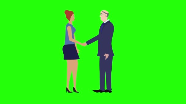 Erkek Kadın Karakter Tokalaşıyor Çizgi Film Animasyonu Yapıyor Yeşil Ekran — Stok video