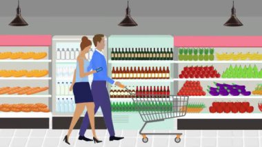 Erkekler ve kadınlar marketin içinde alışveriş arabası ve çizgi film animasyonlarıyla yürüyorlar.
