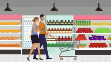 Erkekler ve kadınlar marketin içinde alışveriş arabası ve çizgi film animasyonlarıyla yürüyorlar.