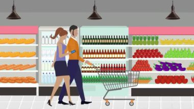 Erkekler ve kadınlar marketin içinde alışveriş arabası ve çizgi film animasyonlarıyla yürüyorlar.