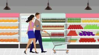 Erkekler ve kadınlar marketin içinde alışveriş arabası ve çizgi film animasyonlarıyla yürüyorlar.