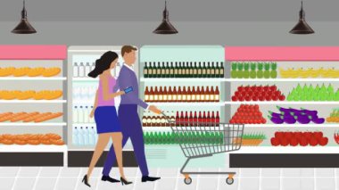 Erkekler ve kadınlar marketin içinde alışveriş arabası ve çizgi film animasyonlarıyla yürüyorlar.